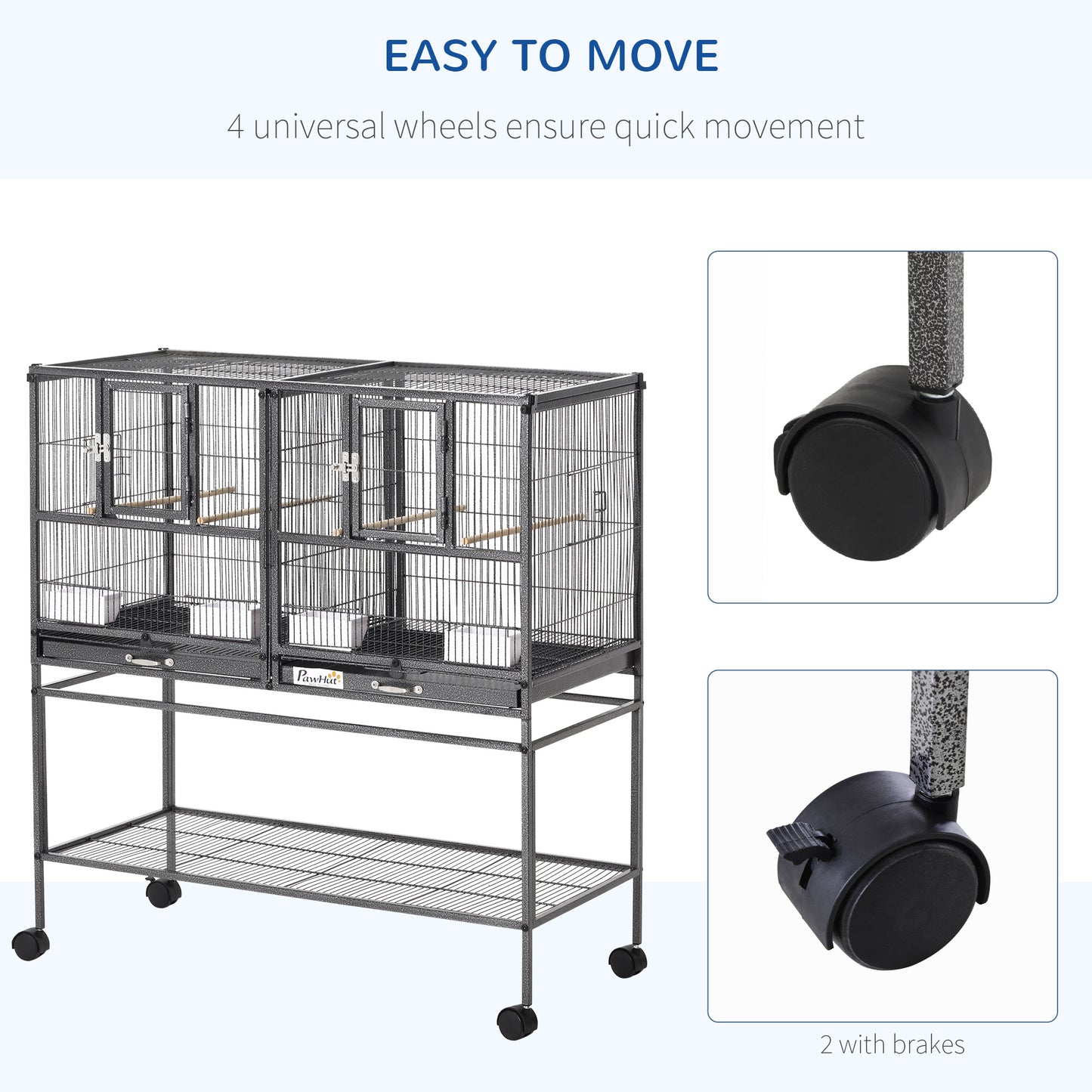 Divided Breeder Bird Cage with Rolling Stand Removable Metal Tray, Storage Shelf, Wood Perch, and Food Container