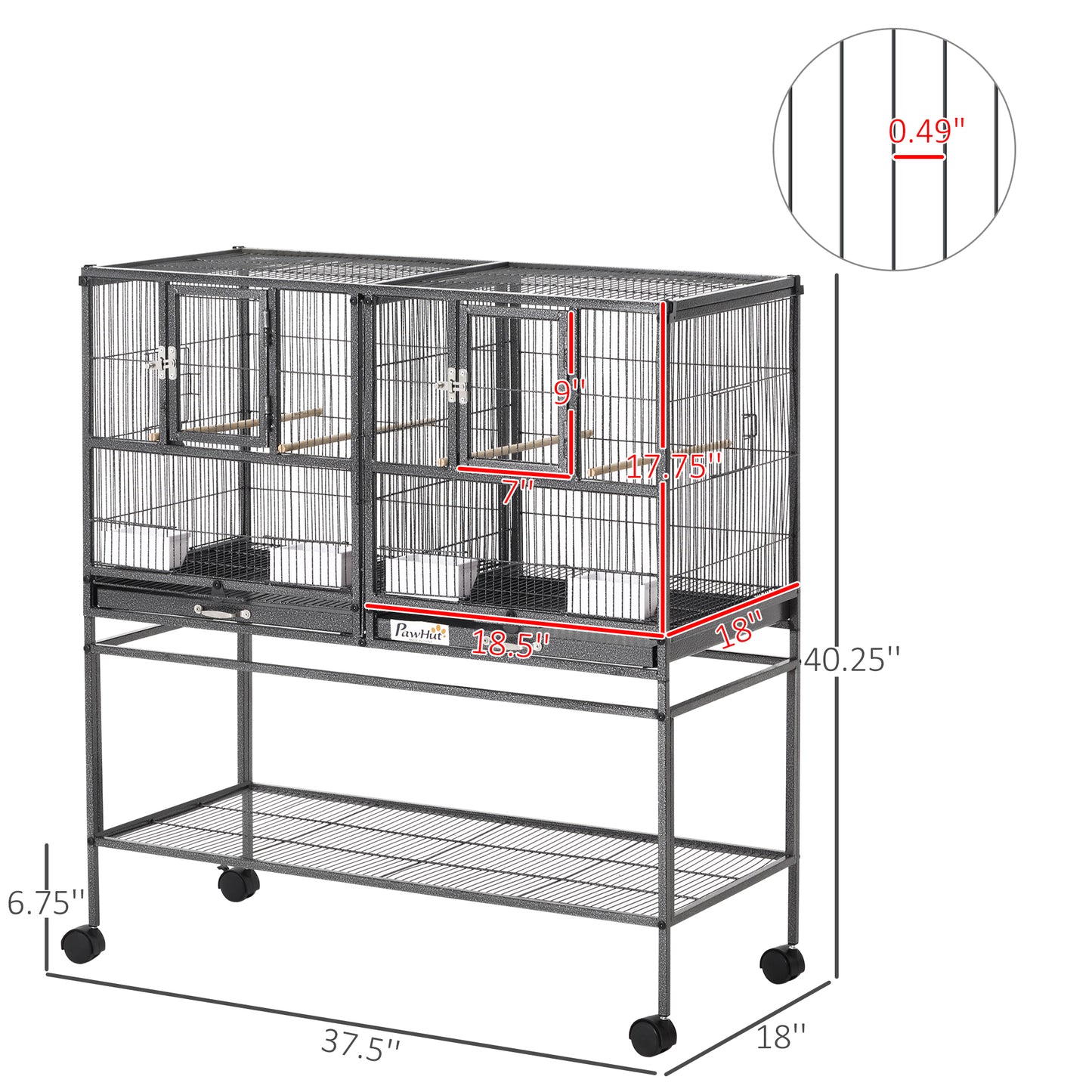 Divided Breeder Bird Cage with Rolling Stand Removable Metal Tray, Storage Shelf, Wood Perch, and Food Container