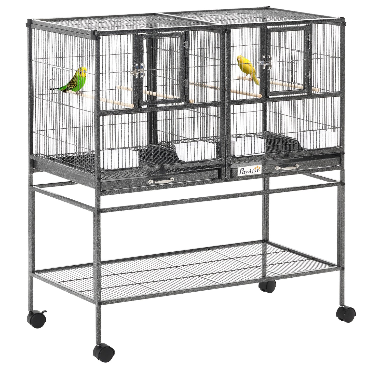 Divided Breeder Bird Cage with Rolling Stand Removable Metal Tray, Storage Shelf, Wood Perch, and Food Container